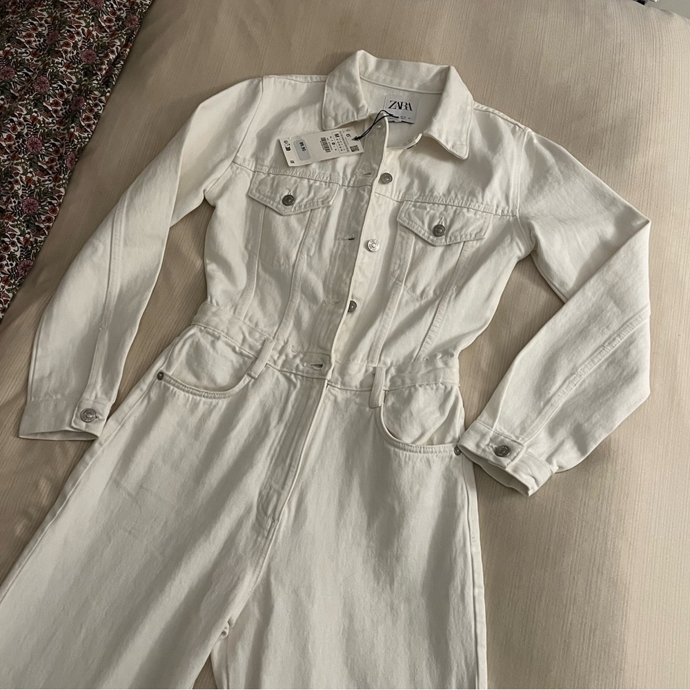 Zara White Denim Jumpsuit